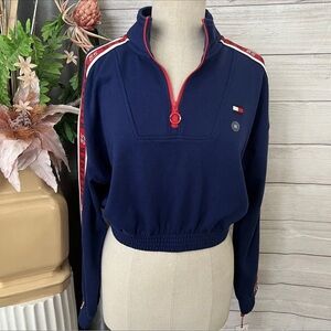 E1-- NWT blue red TOMMY HILFIGER Sport long sleeve zip crop sweatshirt MEDIUM